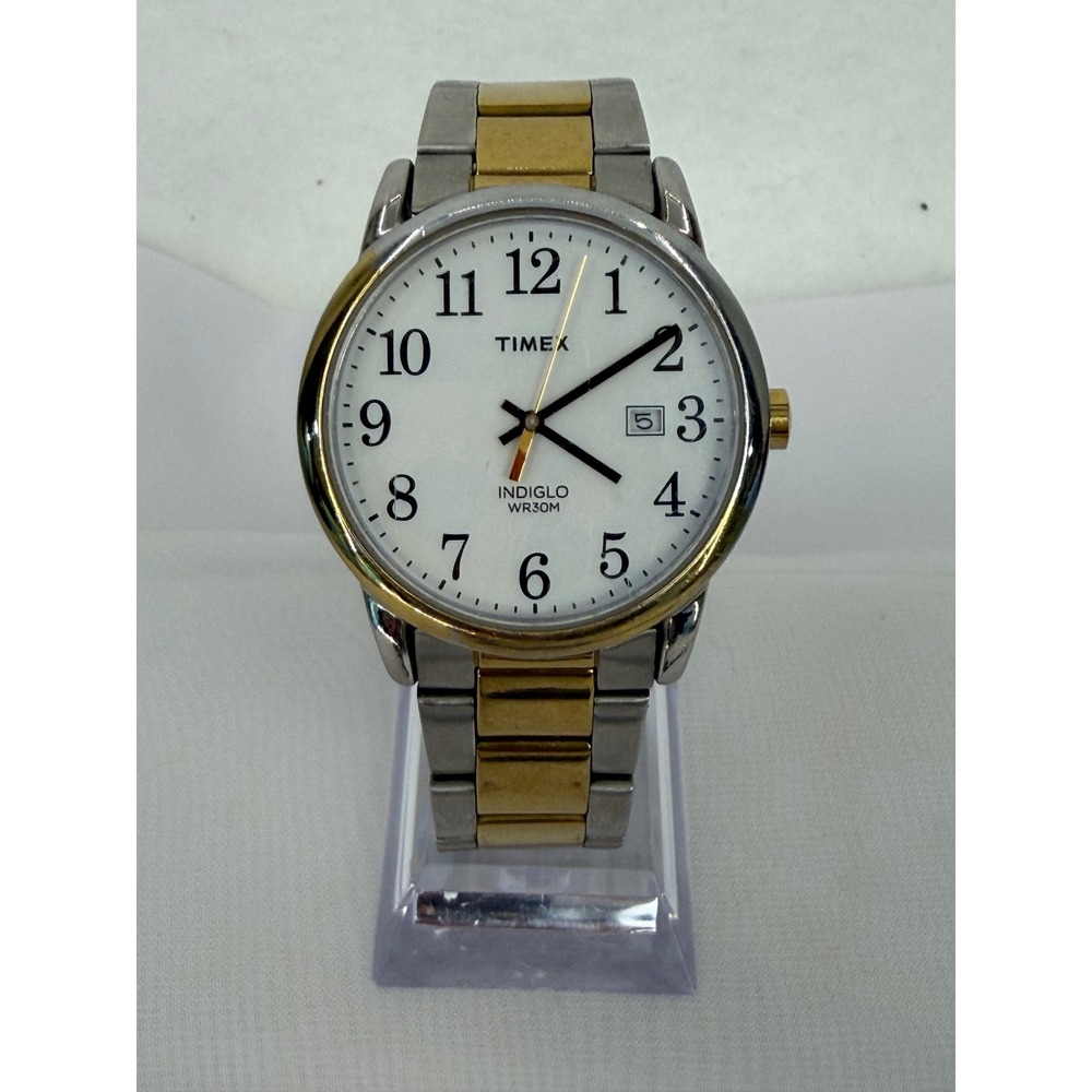 Timex Indiglo WR30M Two Tone Date Watch TW2R23400 Silver Gold White Dial